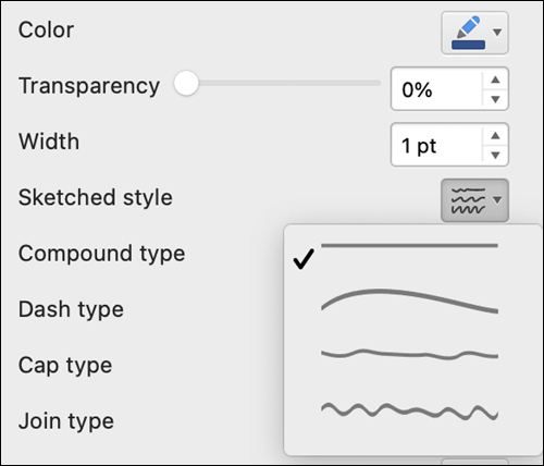 Opcije oblikovanja linije na Mac računaru sa izabranim stilom "Skica"