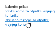 Korpa za otpatke sistema SharePoint 2013 sa istaknutom stavkom "Izbriši iz korisnika"