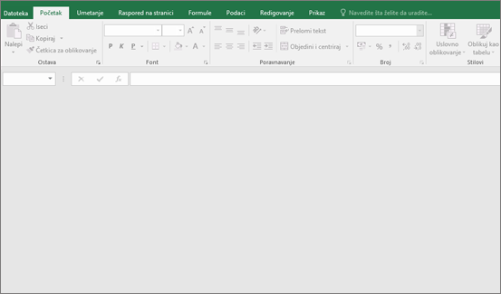 Prazan Excel prozor sa nedostupnim dugmadima. Nije otvorena nijedna radna sveska.