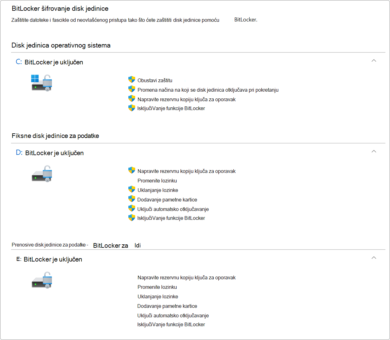 Snimak ekrana BitLocker šifrovanja disk jedinice na kontrolnoj tabli.