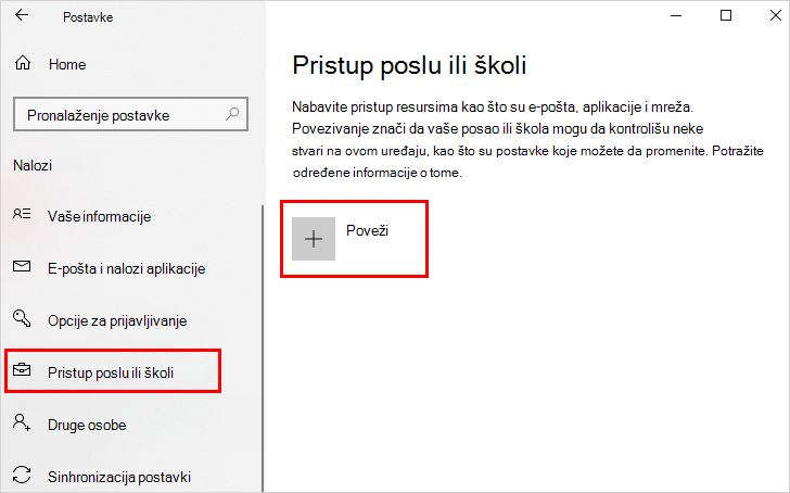 Access work or school screen with Povezivanje option highlighted