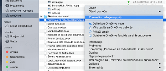 Izbor menija koji se otvara desnim tasterom miša za brisanje datoteke iz usluge OneDrive u programu Mac Finder
