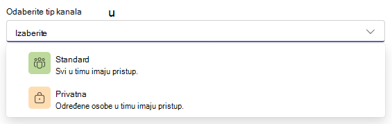 Teams postavke privatnosti kanala
