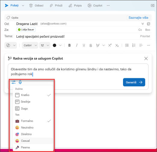 Opcije za dužinu i ton koje se mogu odabrati pri izradi radnih verzija e-pošte u programu Outlook uz pomoć usluge Copilot