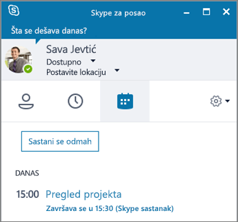 Snimak ekrana kartice „Sastanci“ prozora programa Skype za posao.