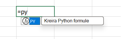 Meni "Automatsko dovršavanje" za Excel formulu, sa izabranom Python formulom.