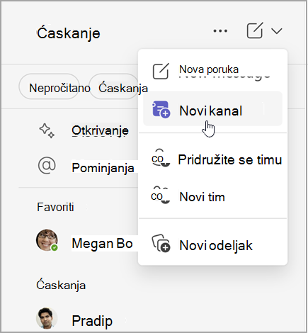 Snimak ekrana Microsoft Teams ćaskanja sa opcijama za kreiranje nove poruke, novog kanala ili novog tima. Takođe ima opciju da se pridruži timu ili da napravi novi odeljak.