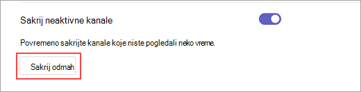 Snimak ekrana opcije "Sakrij odmah" u postavkama. Koristi se za skrivanje neaktivnih kanala po potrebi.