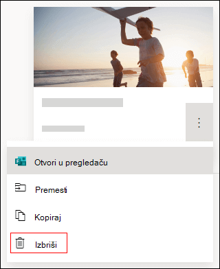 Opcija brisanja na obrascu u programu Microsoft Forms.