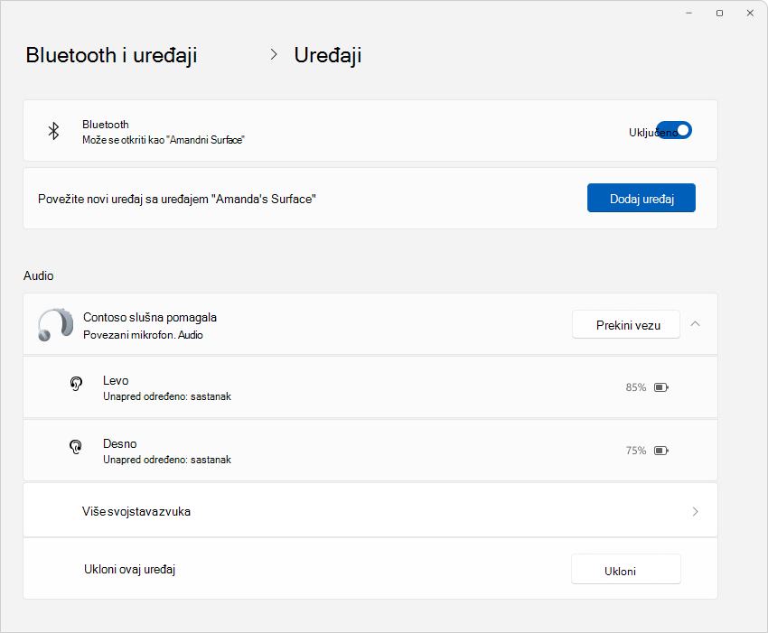 Snimak ekrana postavki > Bluetooth & uređajima koji prikazuju detalje o slušnim aparatima.