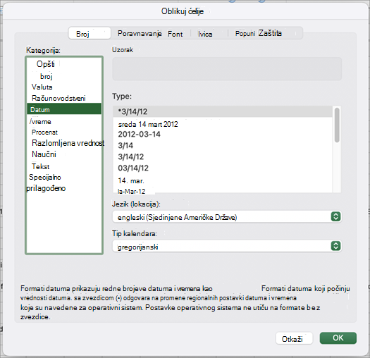 Date format dialog box