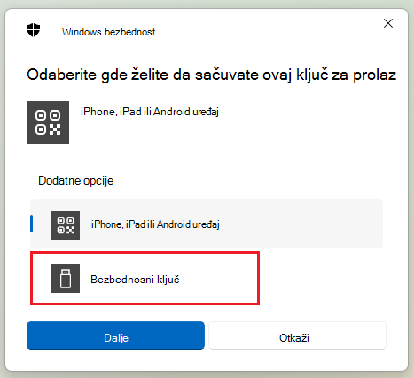 Snimak ekrana načina čuvanja bezbednosnog ključa na Windows 11.