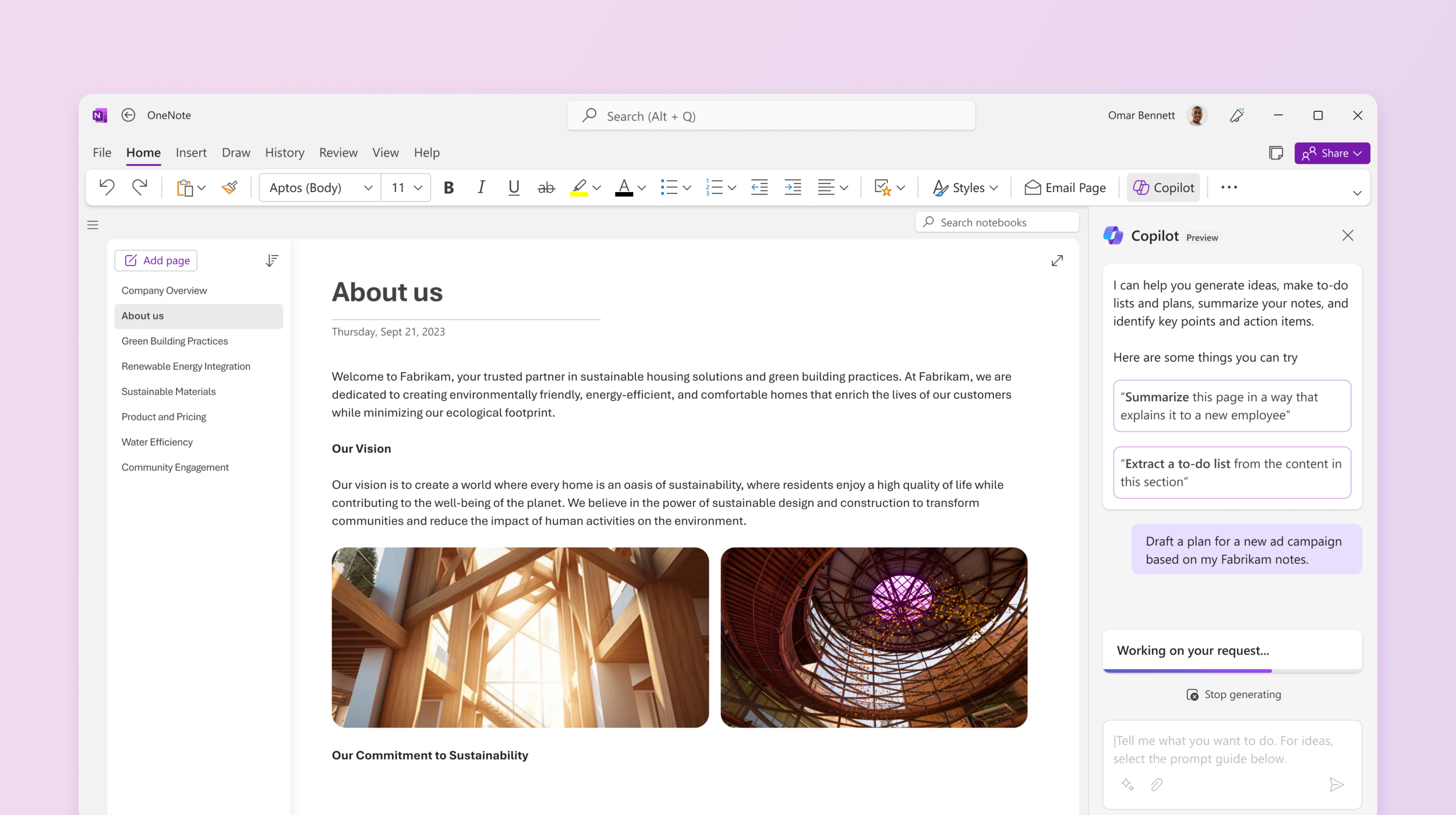 Snimak ekrana prikazuje funkciju Copilot u programu OneNote dok pravi plan.