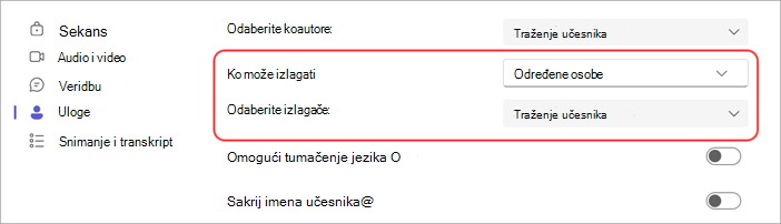 Snimak ekrana koji prikazuje kako da izaberete izlagače na Teams sastanku.