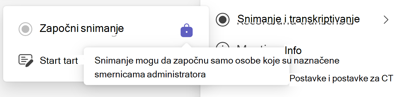 Snimak ekrana dugmeta "Započni snimanje" u usluzi Teams sa ikonom "Zaključaj" i opisom alatke