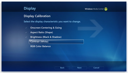 Prikaz kalibracije u programu Windows Media Center