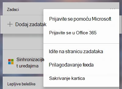 Snimak ekrana koji prikazuje opciju za prijavljivanje pomoću programa Microsoft ili Office 365 u više menija "još zadataka"