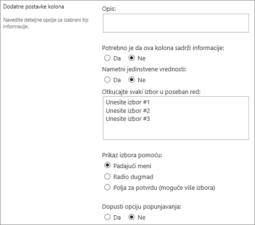 Opcije za kolone izbora