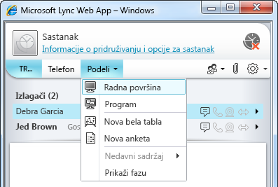 Meni „Deljenje“ u programu Lync Web App