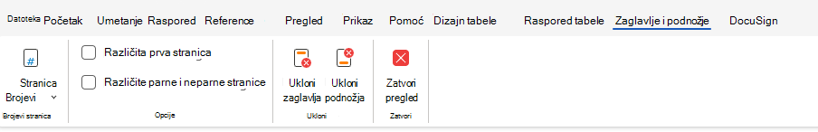 Opcije zaglavlja i podnožja na traci