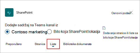 Izaberite stavku Liste da biste dodali liste na teams kanal.