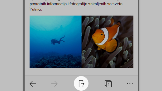 Snimak ekrana pregledača Microsoft Edge na iOS uređaju sa istaknutom ikonom "Nastavi na računaru".