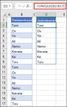 Funkcija UNIQUE koja se koristi za sortiranje liste imena