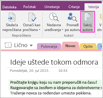 Snimak ekrana dugmeta „Sakrij autore“ u programu OneNote 2016.