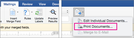 On the Mailings tab, Finish & Merge and the Print Documents option are highlighted