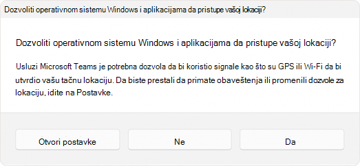 Snimak ekrana odziva koji traži od korisnika da dozvoli aplikaciji pristup lokaciji.