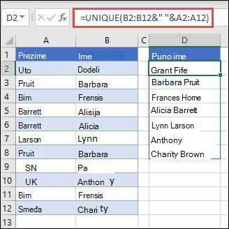 Korišćenje funkcije UNIQUE sa više opsega radi spajanja kolona "Ime/prezime" u puno ime.