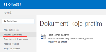 Snimak ekrana OneDrive for Business dokumenata koja pratite u usluzi Office 365.