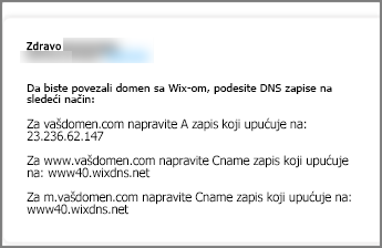 U Wix.com koristite ove postavke DNS zapisa