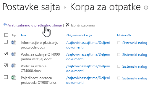 Korpa za otpatke drugog nivoa sistema SharePoint 2013 sa istaknutim dugmetom "Vrati u prethodno stanje"