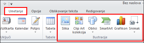 Opcija „Umetni sliku“ programa Outlook 2010