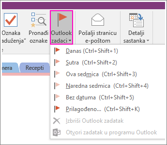 Snimak ekrana dugmeta „Outlook zadaci“ u programu OneNote 2016.