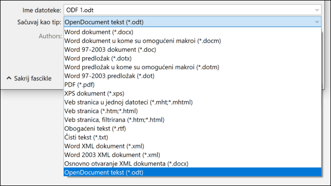 Lista formata datoteka iz programa Word sa istaknutim ODT formatom datoteke