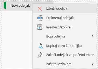 Snimak ekrana kontekstualnog menija za brisanje kartice odeljka u programu OneNote za Windows 10.