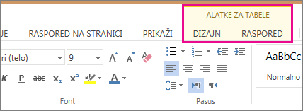 Slika kartica „Dizajn“ i „Raspored“ u okviru stavke „Alatke za tabelu“ u programu Word Web App