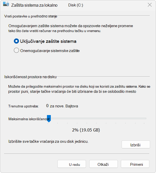 Snimak ekrana funkcije "Zaštita sistema".