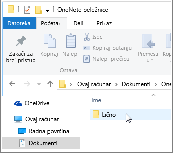 Snimak ekrana fascikle „Windows dokumenti“ sa vidljivom fasciklom „OneNote beležnica“.