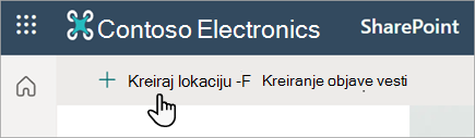 Snimak ekrana koji prikazuje komandu "Kreiraj lokaciju" u sistemu SharePoint na mreži.