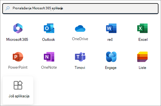 Izbor Microsoft 365 aplikacija. Poslednja pločicu je Još aplikacija.