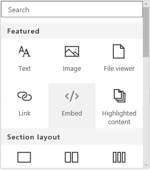 Snimak ekrana menija „Ugrađivanje sadržaja“ u sistemu SharePoint.