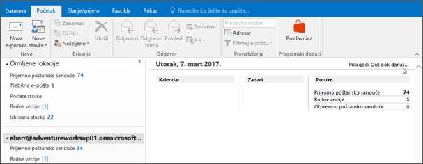 Snimak ekrana prikaza "Outlook danas" u programu Outlook koji prikazuje ime vlasnika poštanskog sandučeta, trenutni dan i datum i povezani kalendar, zadatke i poruke za dan.