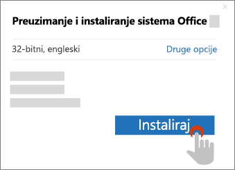 Prikazuje dugme "Instaliraj" u dijalogu Preuzimanje sistema Office