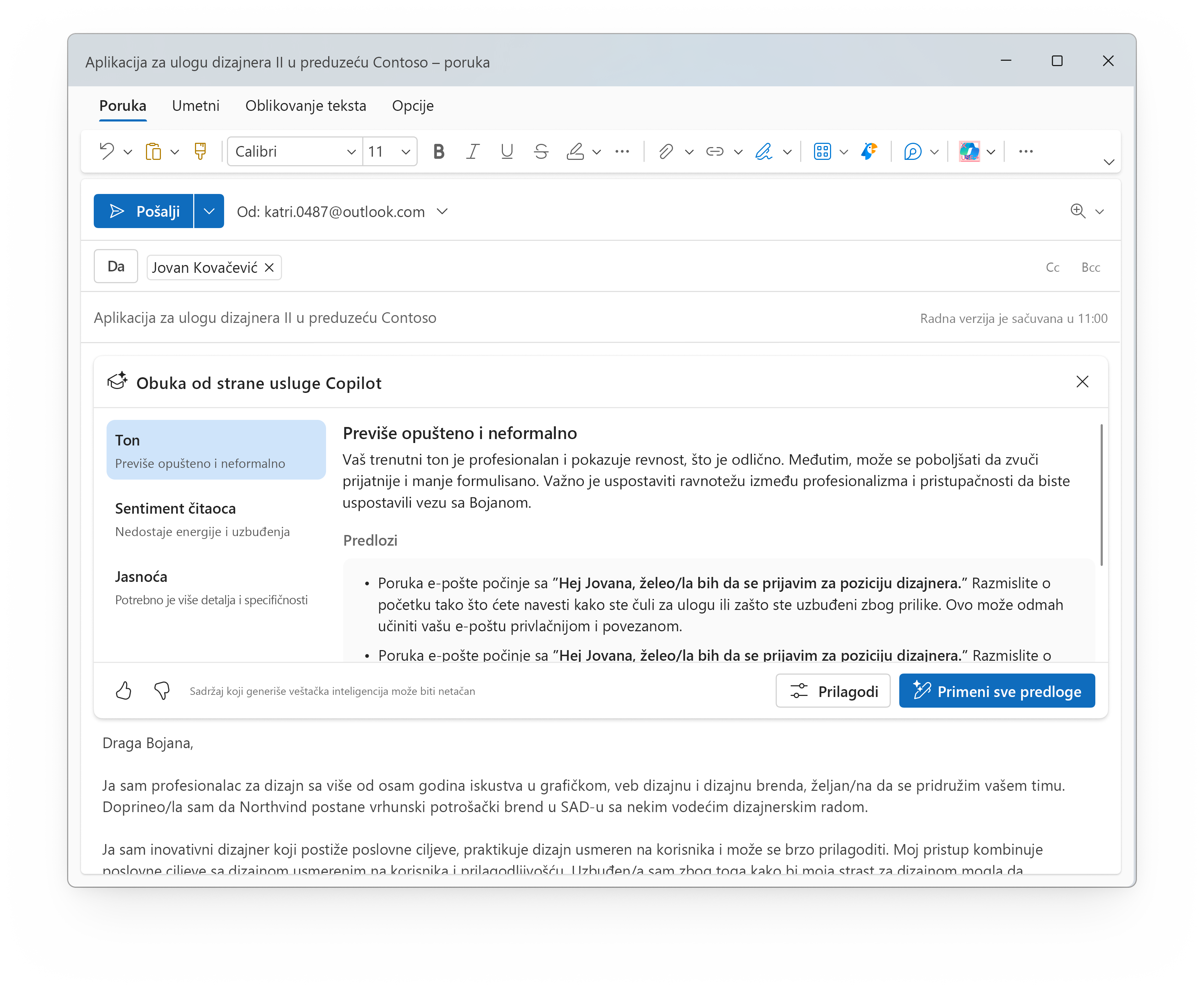 Snimak ekrana otvorene usluge Outlook, sa istaknutim dugmetom „Primeni predloge“.