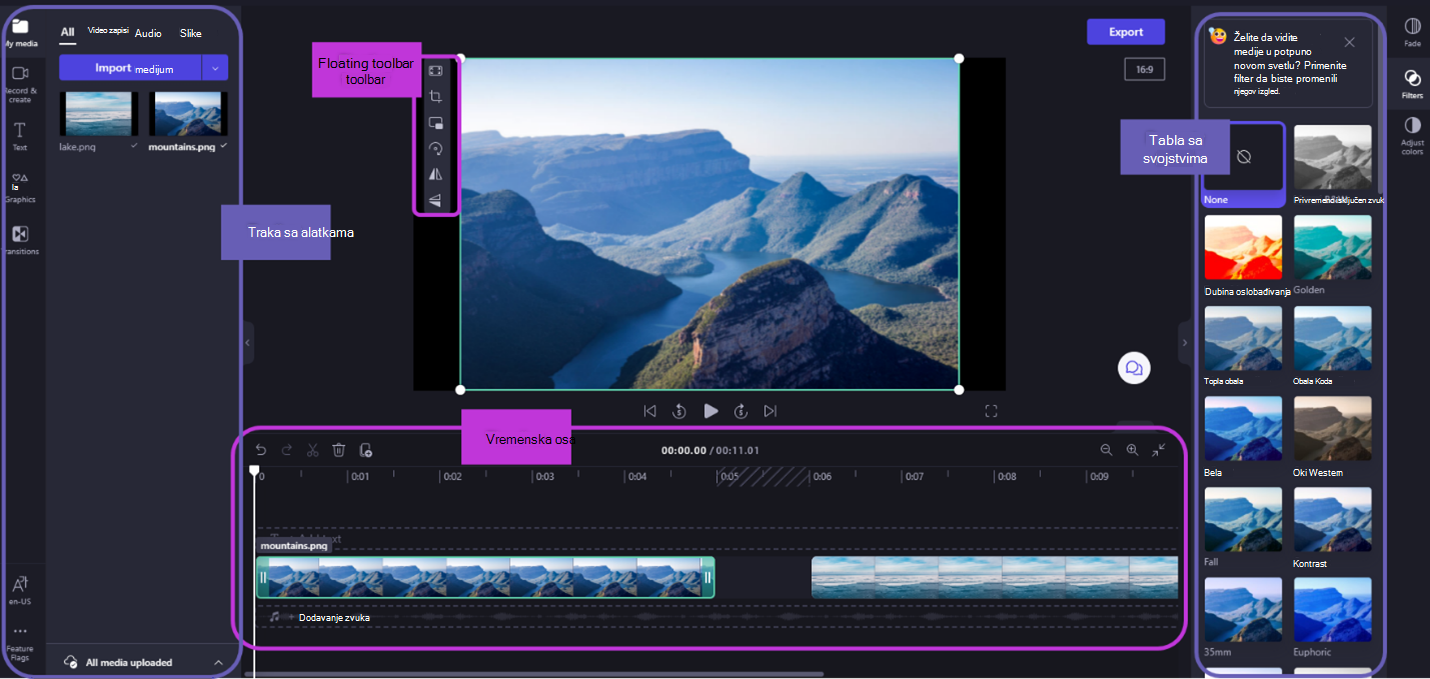 Korisnički interfejs Clipchamp sadrži više opcija za uređivanja video klipova
