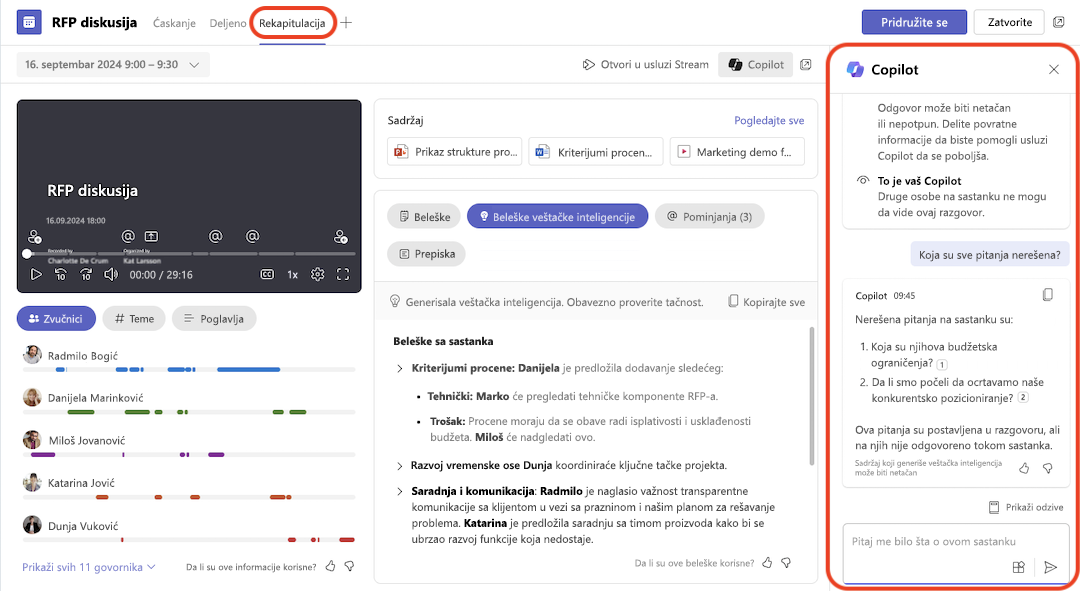 Revidiran sažetak funkcije Copilot za sastanke
