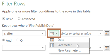 Entering a parameter in the Filter dialog box